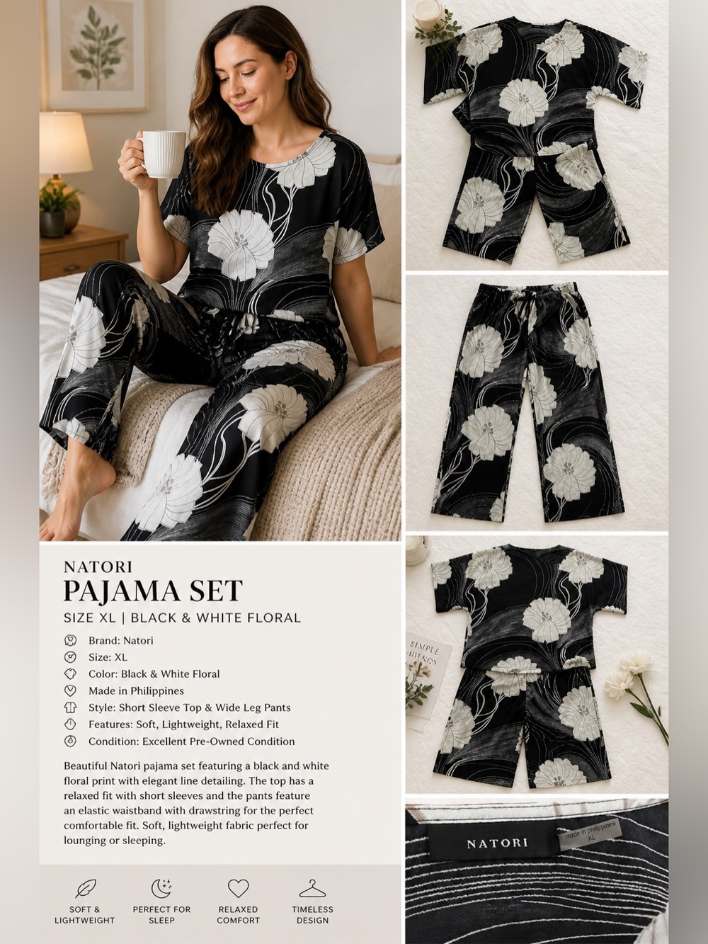 Natori Black & White Floral Pajama Set XL | Luxe Loungewear Wide Leg